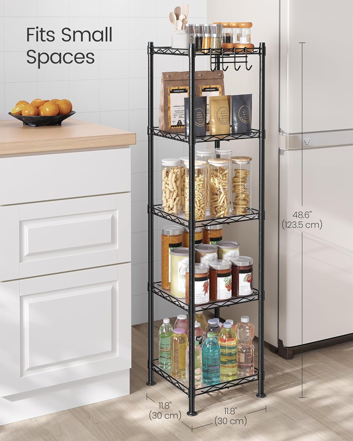 5-Tier Bathroom Shelf, Storage Rack for Small Space, with 5 PP Shelf Liners, Removable Hook, Extendable Design, Ink Black and Translucent ULGR23BK