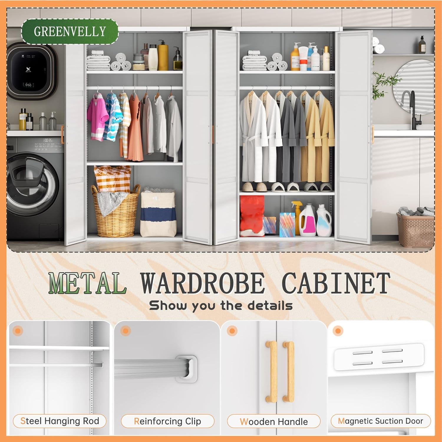 Metal Wardrobe Closet with Doors and Shelves,72" Armoire Wardrobe Closet for Hanging Clothes for Office, Home, School, Employee,Gym(White,36" W X 18" D,Warm Style)