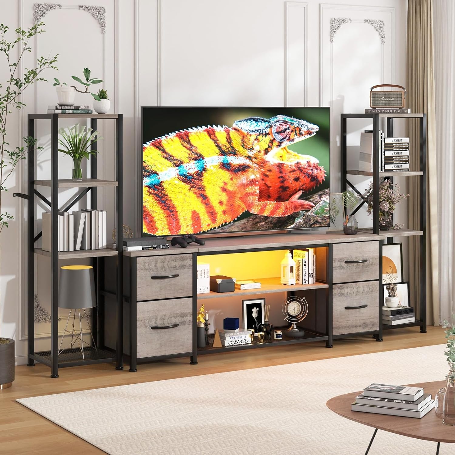 LED TV Stand 60 Inch for Living Room with Charging Station, Entertainment Center with 2 Industrial Bookshelves, Modern Console Cabinet with Storage Drawers (Greige)