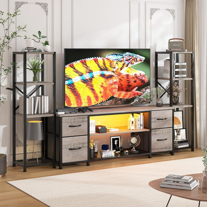 LED TV Stand 60 Inch for Living Room with Charging Station, Entertainment Center with 2 Industrial Bookshelves, Modern Console Cabinet with Storage Drawers (Greige)