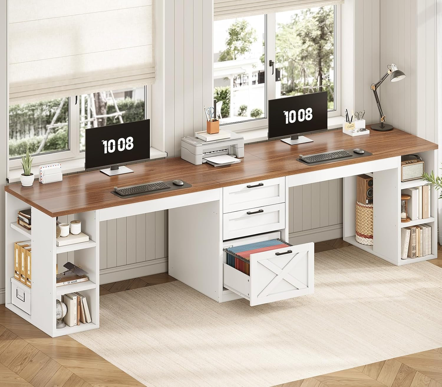 Farmhouse 96.5" Computer Desk with Drawers, 2 Person Home Office Desk, Gaming Double Desk with Storage Shelves, Long Two Person Writing Desk (White and Brown)