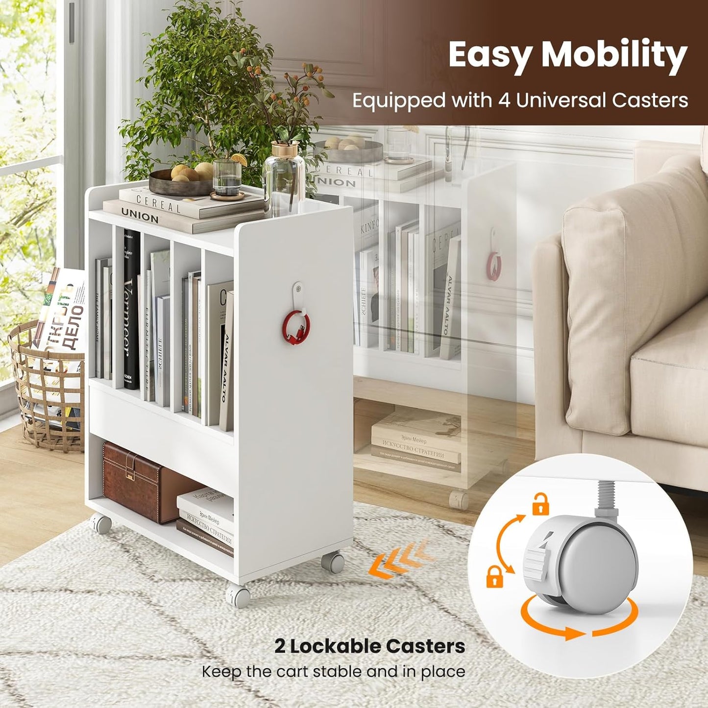 Record Player Stand, Rolling Turntable Stand with Drawer & Lockable Wheels, Record Player Table Holds up to 150 Albums, Vinyl Record Storage for Living Room Bedroom, White