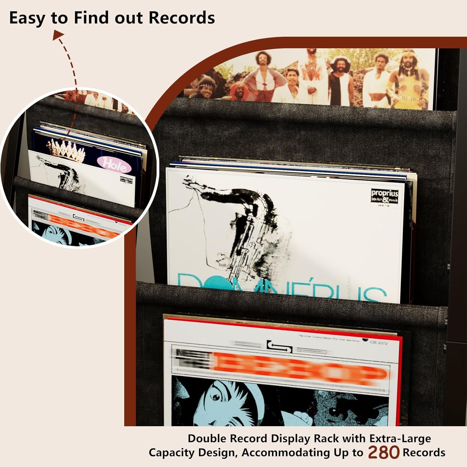 Record Player Stand with 6-Tier Vinyl Storage, Holds up to 280 Albums, Turntable Stand with Record Holder Display Shelf, Brown Record Cabinet for Media Stereo Audio