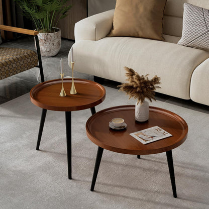 2-Piece Walnut Coffee Table,Durable Mid Century Small round Coffee Tables for Living Room,Easy Assembly Modern Nesting Coffee Tables Set,Circle Side Tables for Sofa Bedside Balcony