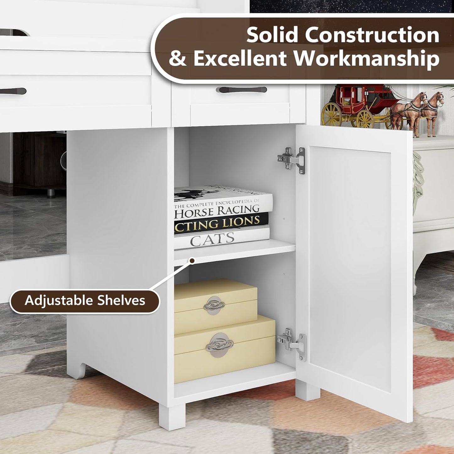 Farmhouse 47" Executive Desk, Computer Desks with 2 Drawers and Storage Cabinet, Home Office Desk with Hutch and Charging Station, Workspace for Work and Study. (Cream White.