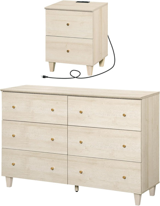Dresser and Nightstand Set for Bedroom, 47.2 Inches Wood Dresser with 6 Drawers, 1 Piece Nightstand with Charging Station, Chest of Drawers and Bedside Table Set, Light Oak