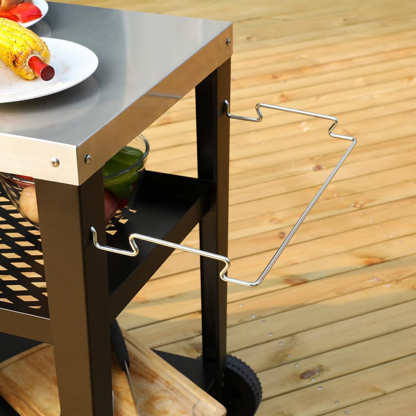 PC3404S Rolling Dining Table with Trash Bag Holder, Outdoor Garden Patio BBQ Kitchen Food Prep Table Cart, 34"L X 20"W Stainless Steel Tabletop, Silver & Black