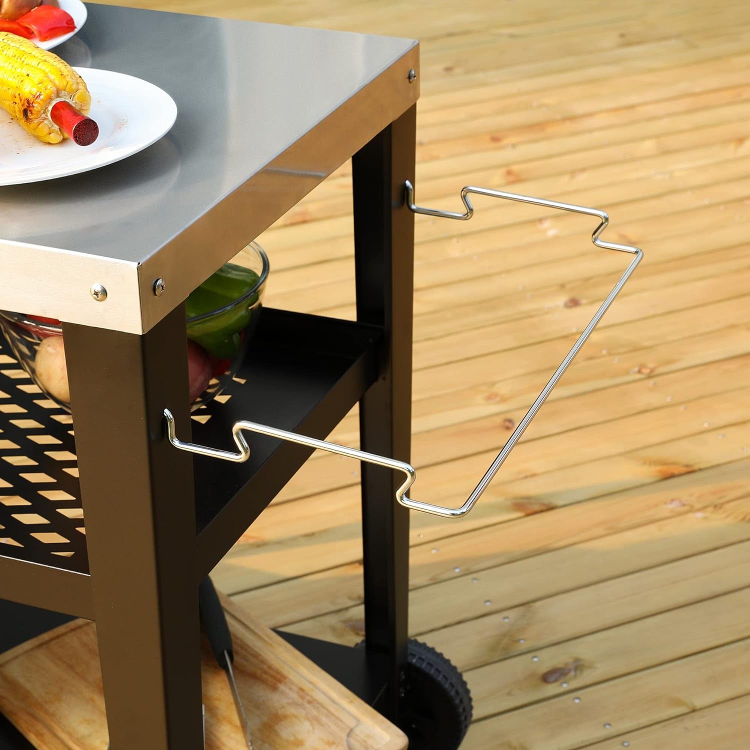 PC3404S Rolling Dining Table with Trash Bag Holder, Outdoor Garden Patio BBQ Kitchen Food Prep Table Cart, 34"L X 20"W Stainless Steel Tabletop, Silver & Black