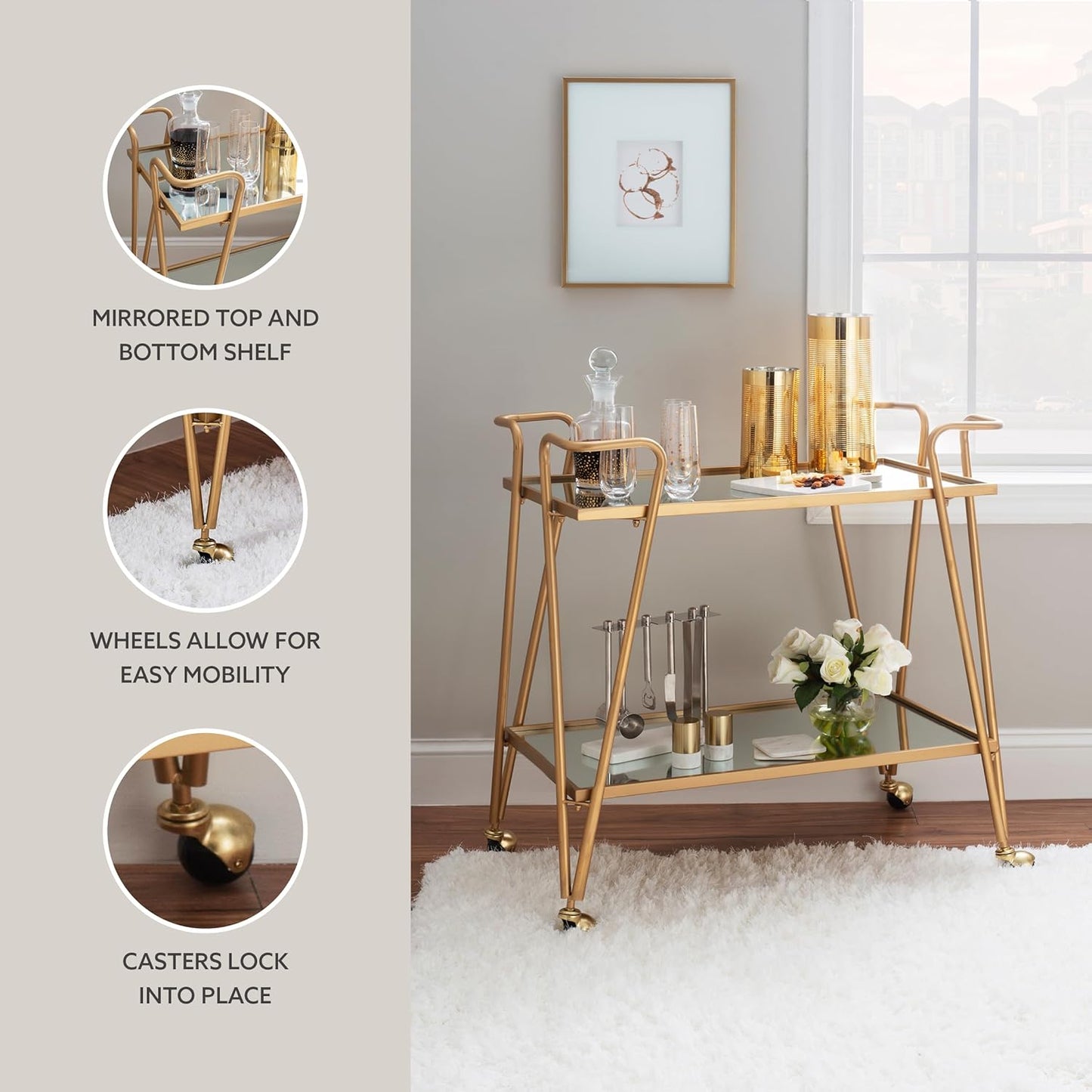 Gina Mid-Century Bar Cart, Gold