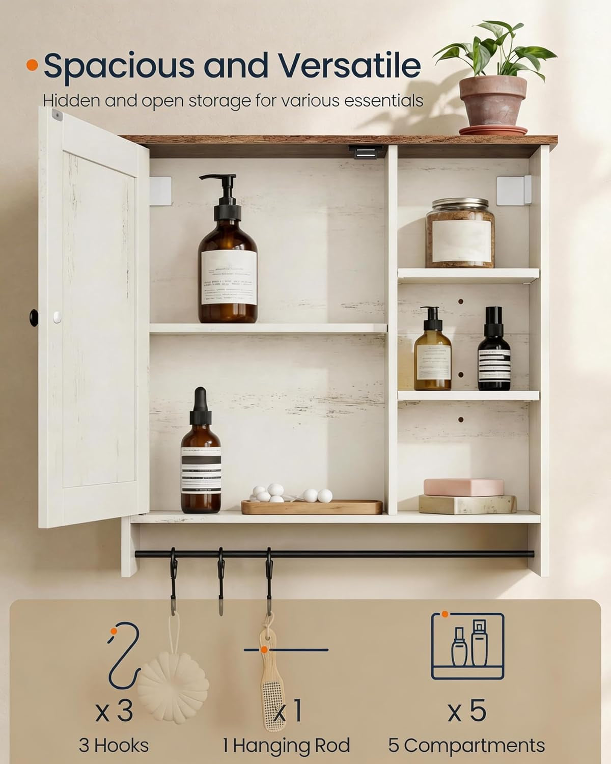 Bathroom Wall Mounted Storage Cabinet, Superfast Toolless Assembly, over the Toilet Hanging Medicine Cabinet with Adjustable Shelves & Door, for Kitchen/Pantry, Rustic White UBBC113WJ04S