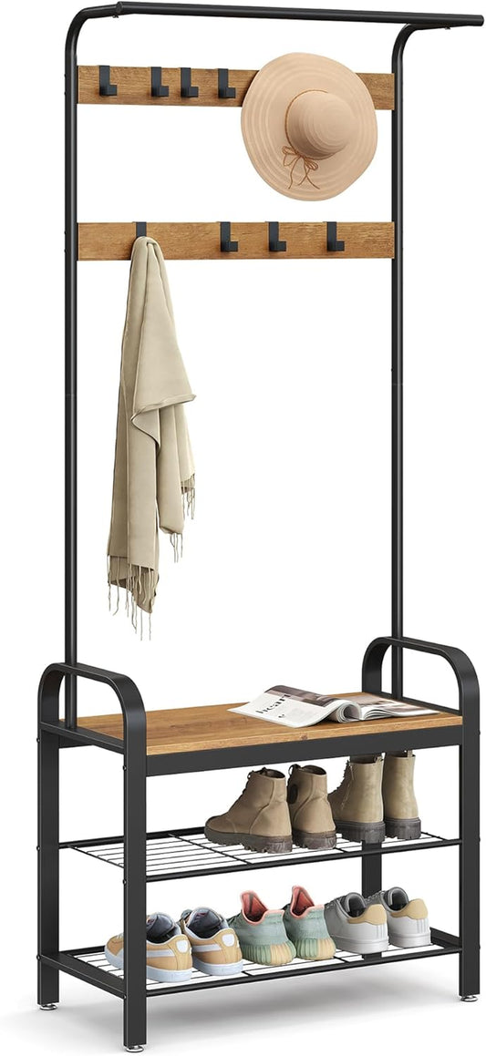 Coat Rack, Hall Tree with Shoe Bench for Entryway, Entryway Bench with Coat Rack, 4-In-1, with 9 Removable Hooks, a Hanging Rod, 13.3 X 28.3 X 72.1 Inches, Rustic Walnut and Black UHSR040B41