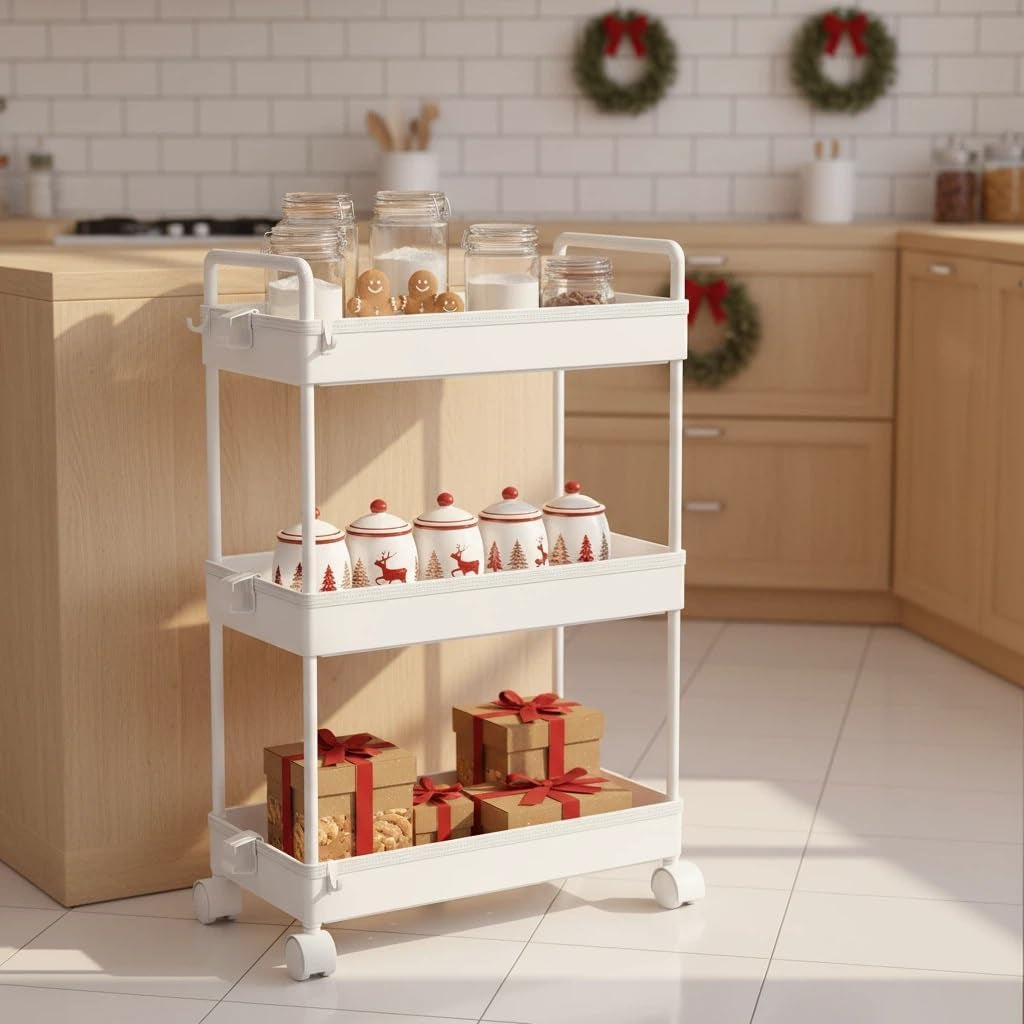 3 Tier Slim Rolling Storage Cart with Wheels Plastic Utility Cart Organizer for Snack Craft Art Postpartum Baby Diaper Nail Makeup in Bathroom Laundry Room Kitchen Bedside Narrow Space, White