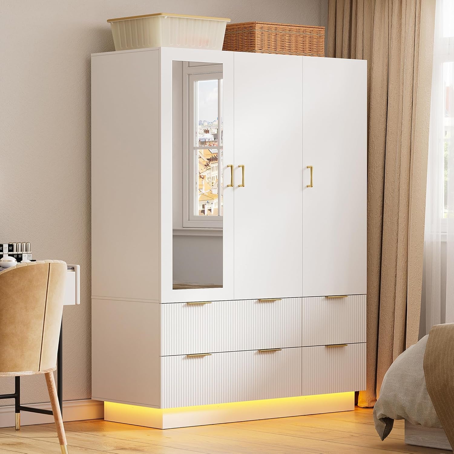 Armoire Wardrobe Closet with 3 Door, Bedroom Armoires with Mirror and LED Lights, Hanging Rod, Drawers, Large Capacity Storage Wardrobe Armoire for Bedroom