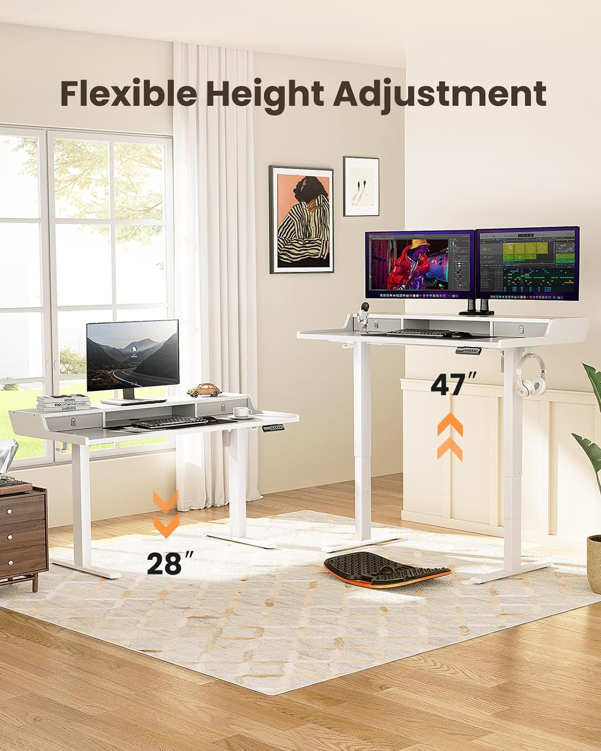 Electric Standing Desk with Drawers, 48″ X 24″ Gaming Table Compatible Monitor Stand, Stand up Desks, Home Office Height-Adjustable Desk with Storage Shelf, 4 Preset Heights, White