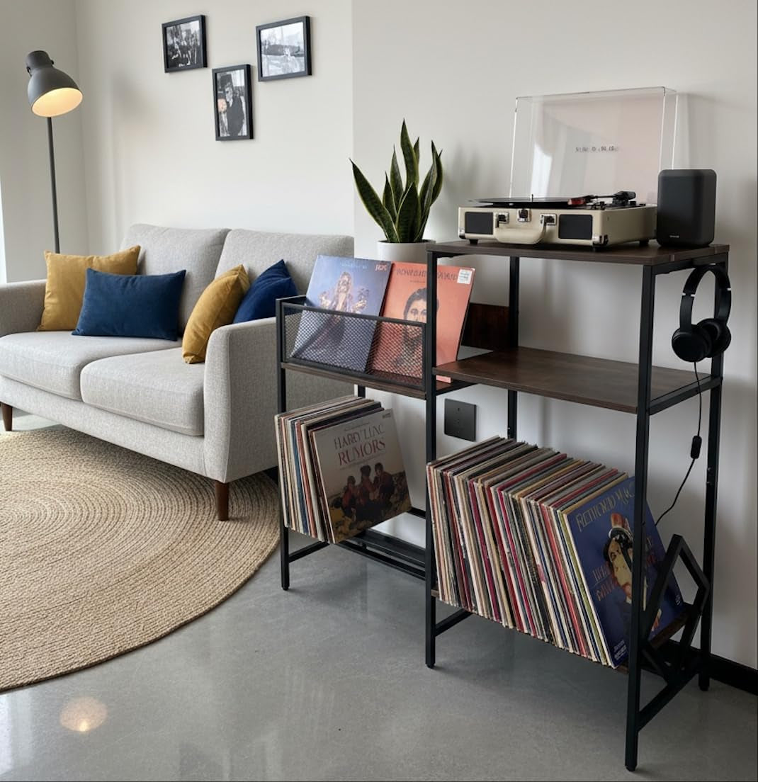 Record Player Stand with Vinyl Storage, Heavy-Duty Audio Cabinet for Records, Turntable, Receiver, Speakers, Wood Media Console for Living Room, Retro Industrial Style