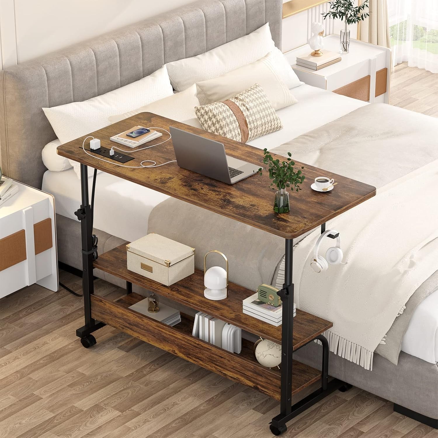 Height Adjustable Standing Desk with Power Outlets, 39" Manual Stand up Desk with Storage Shelves Small Mobile Rolling Computer Desk Portable Laptop Table with Wheels for Home Office, Rustic