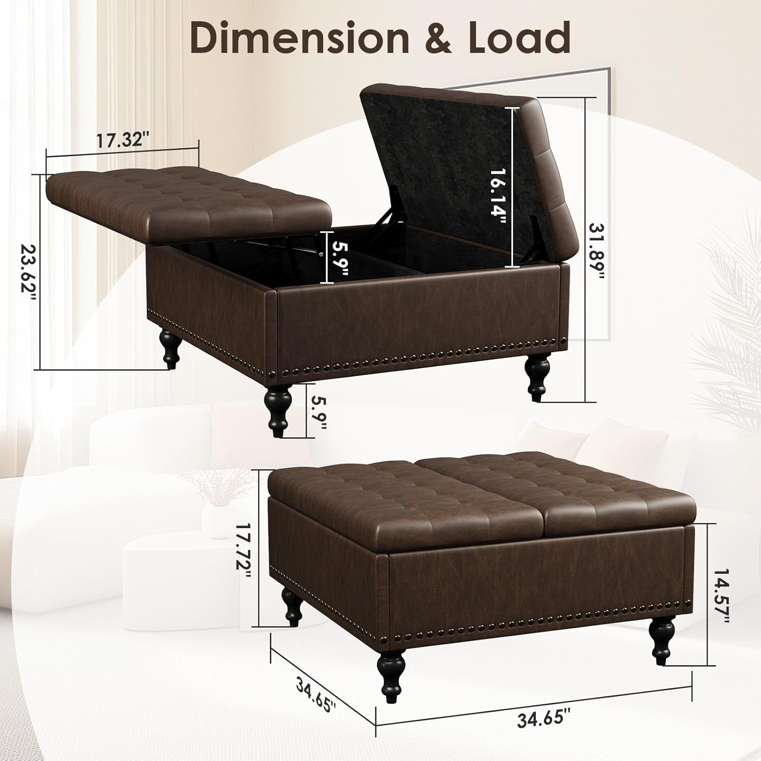 35 Inch Square Ottoman with Storage, Large Leather Ottoman Coffee Table, Lift-Top Leather Ottomans, Multi-Function Storage Bench and Foot Rest, Dark Brown