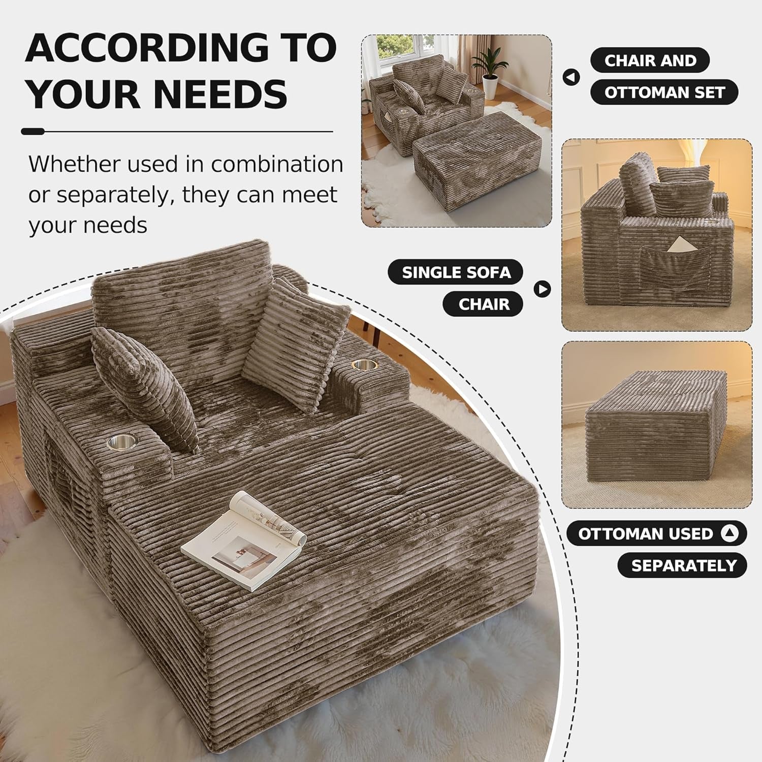 67 Chaise Lounge Chair Indoor,Oversized Boneless Single Sleeeper Couch Bed,Corduroy Cloud Sofa with 3 Soft Pillows for Livingroom,Bedroom,No Assembly,(Khaki)