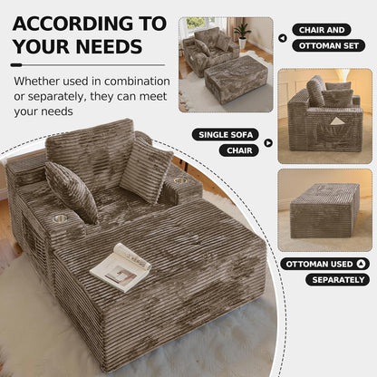 67 Chaise Lounge Chair Indoor,Oversized Boneless Single Sleeeper Couch Bed,Corduroy Cloud Sofa with 3 Soft Pillows for Livingroom,Bedroom,No Assembly,(Khaki)
