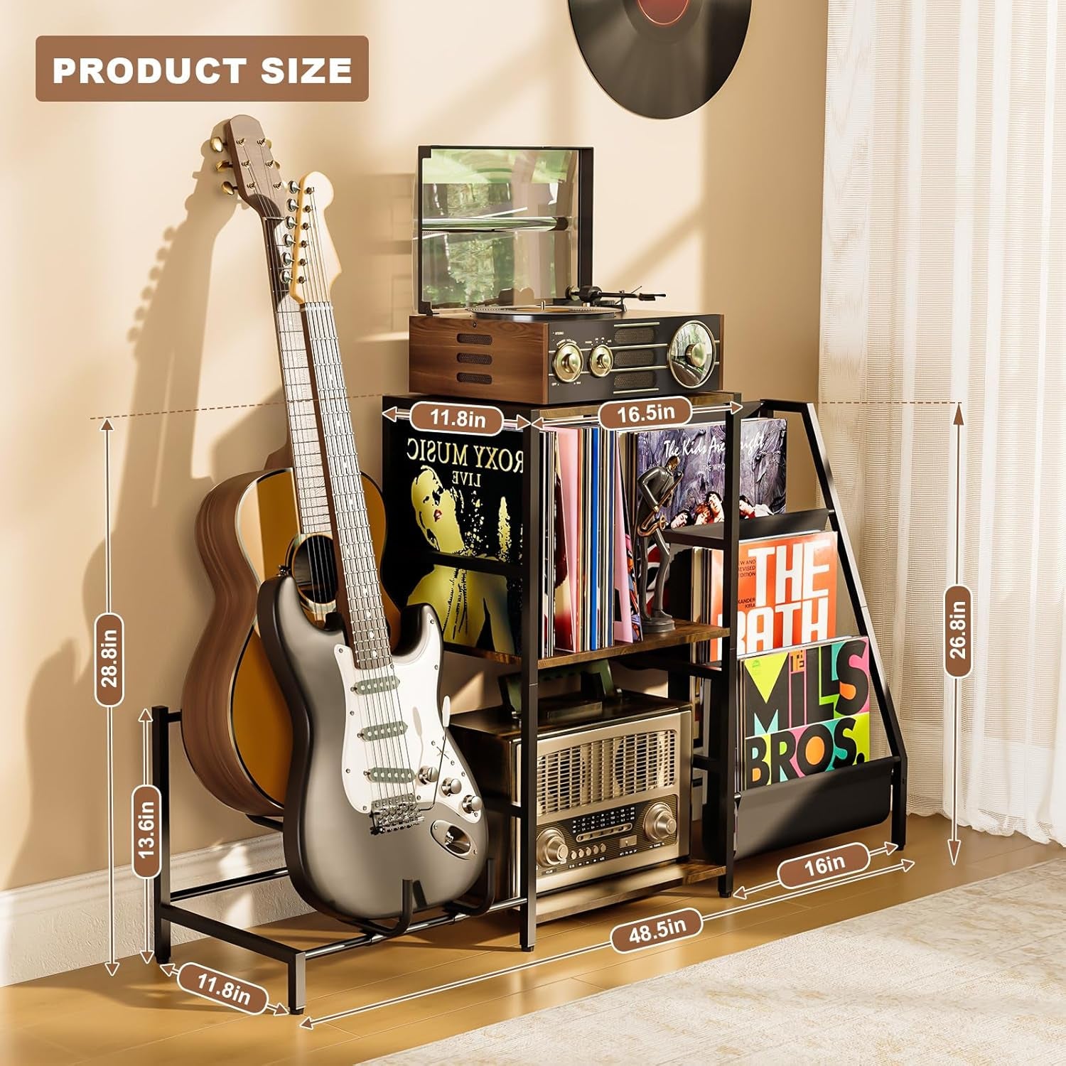 Record Player Stand with Guitar Rack, for Acoustic, Electric & Bass Guitars, 3 Tier Vinyl Record Storage up to 200 Albums, Record Shelf for Living Room and Bedroom