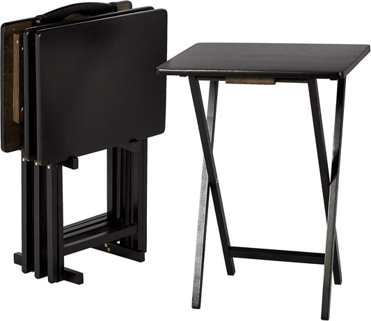 Portable TV Dinner 4-Pack Rectangular Folding Tray Table with Storage Rack, Black, 15" X 19" X 26"