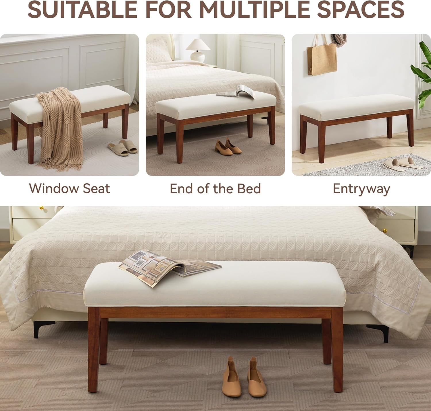 43.5'' Linen Bedroom Bench, Upholstered End of Bed Bench, Padded Vintage Dining Bench, Entryway Bench with Solid Wood Legs, Kitchen, Living Room, Hallway, White