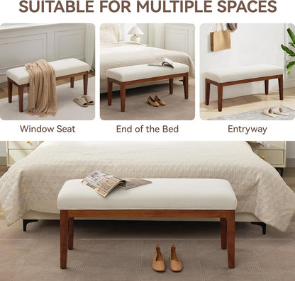43.5'' Linen Bedroom Bench, Upholstered End of Bed Bench, Padded Vintage Dining Bench, Entryway Bench with Solid Wood Legs, Kitchen, Living Room, Hallway, White