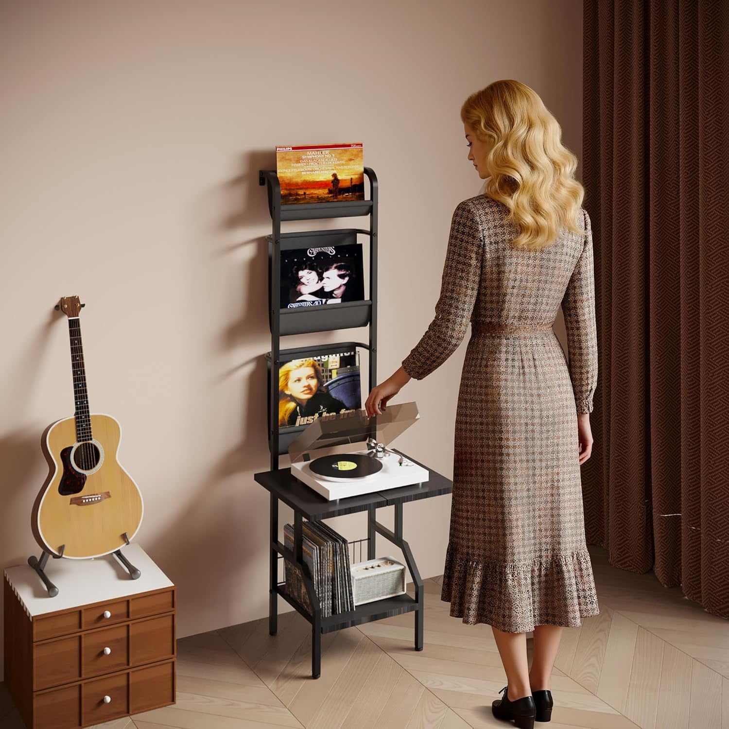 Record Player Stand with Vinyl Storage, Record Player Table Holds up to 200 Albums, 5-Tier Turntable Stand for Living Room, Black