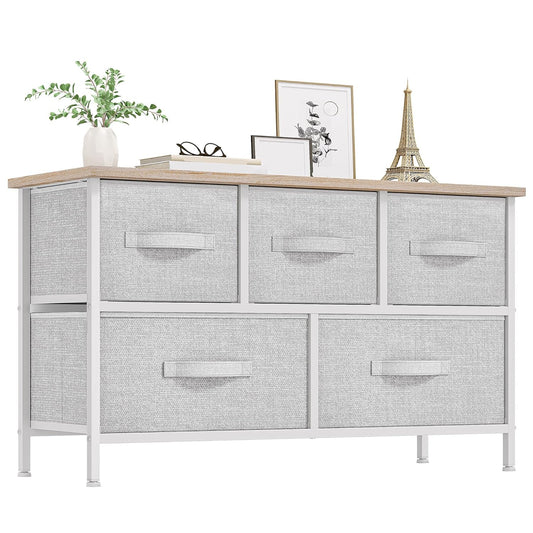 Dresser with 5 Drawers - Fabric Storage Tower, Organizer Unit for Bedroom, Living Room, Closets - Sturdy Steel Frame, Wooden Top