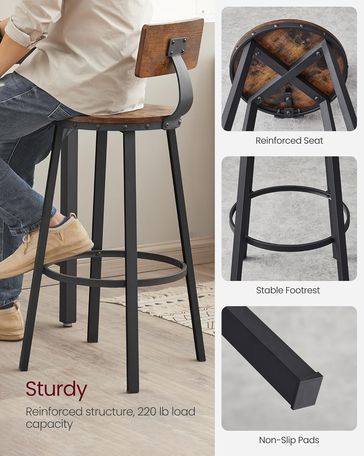 Bar Stools Set of 2, Bar Height Stools, 28.9 Inches Counter Barstools Chairs with Back for Dining Kitchen Island, Steel Frame, Industrial Style, Easy Assembly, Rustic Brown and Ink Black