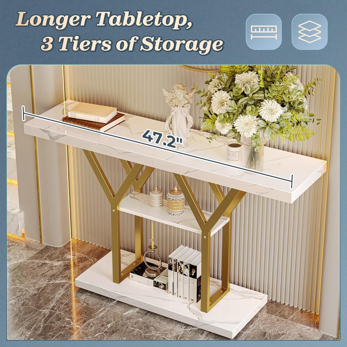 47.2 Inch Entryway Table with Marble Top, Industrial Console Sofa Table, 3 Tier Accent Table, for Entry, Hallway, Entrance, Foyer, Y-Shaped Metal Base, White Marble & Gold