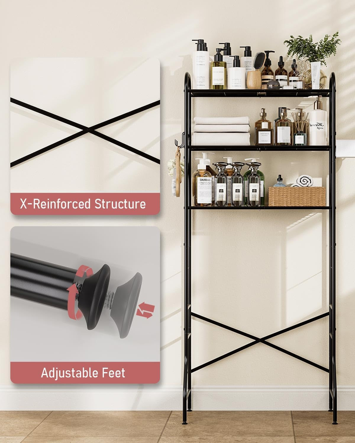 Over the Toilet Storage Rack, 3-Tier Metal Bathroom Organizer with Hooks, over the Toilet Storage Cabinet, Space Saver Shelf for Bathroom, Black, 23.6" X 13.0" X 63.4"