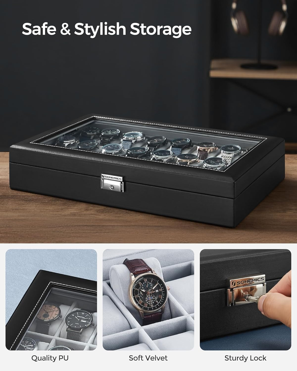 24-Slot Watch Box, Lockable Storage Case with Glass Lid, Ink Black Synthetic Leather, Dove Gray Lining, Gift Idea UJWB024