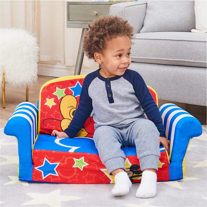 Kids Sofa, 2-In-1 Flip Open Foam Couch and Bed, Mickey Mouse - Pullout Sleeper for Folding Lounging, Sitting, and Napping - Ideal for Bedroom and Playroom