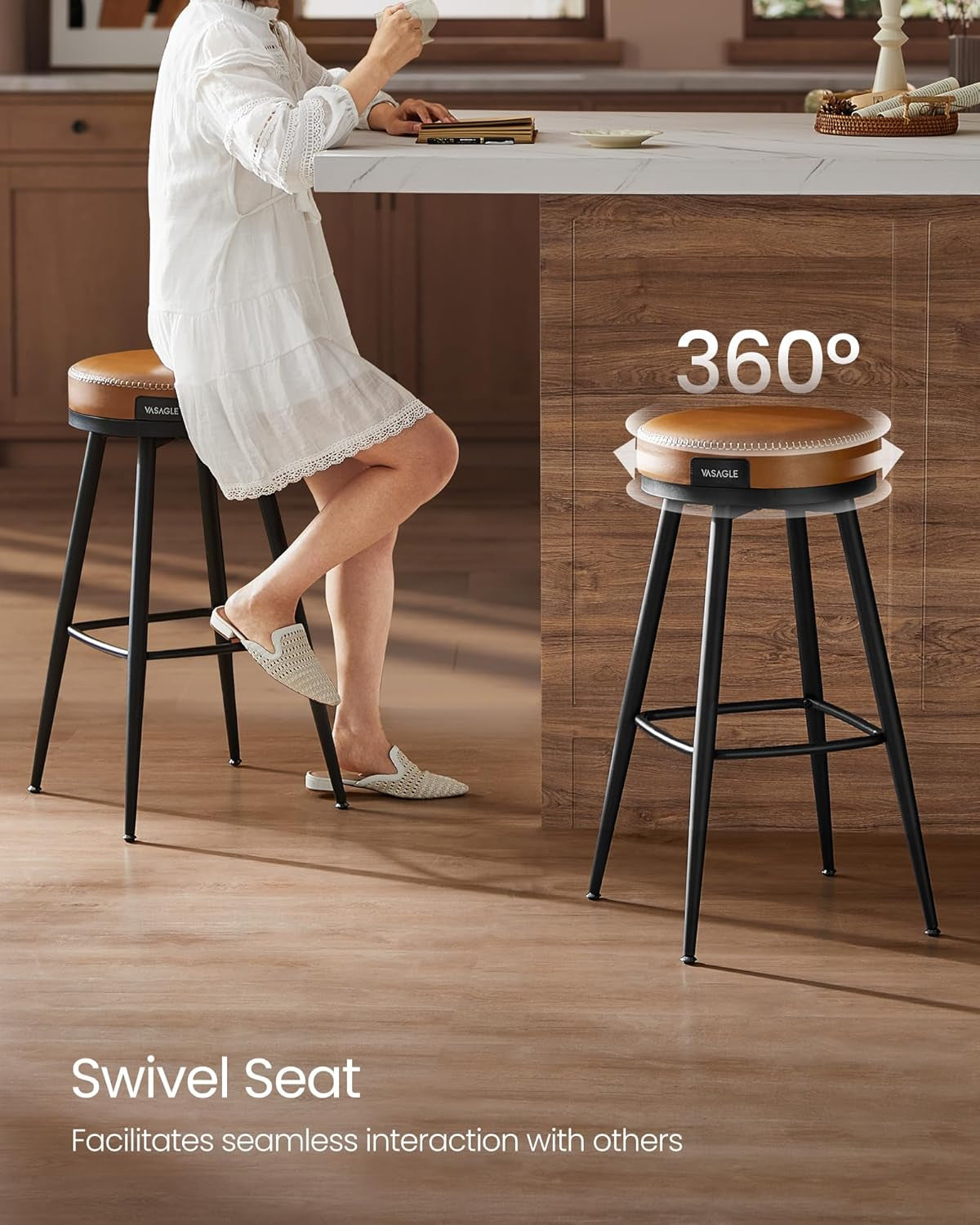EKHO Collection - Swivel Bar Stools Set of 2, Bar Height Backless Bar Stools, Synthetic Leather with Stitching, Mid-Century Modern, 30-Inch Tall Kitchen Barstools for Home Bar, Caramel Brown