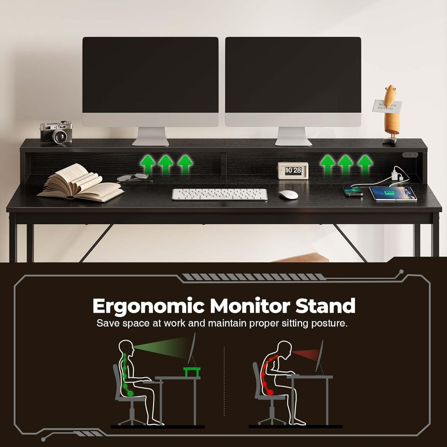 Computer Desk 39" with LED Lights & Power Outlets, Home Office Desk with Monitor Shelf, Gaming Desk,Writing Desk, Study Desk for Student & Kids, Black