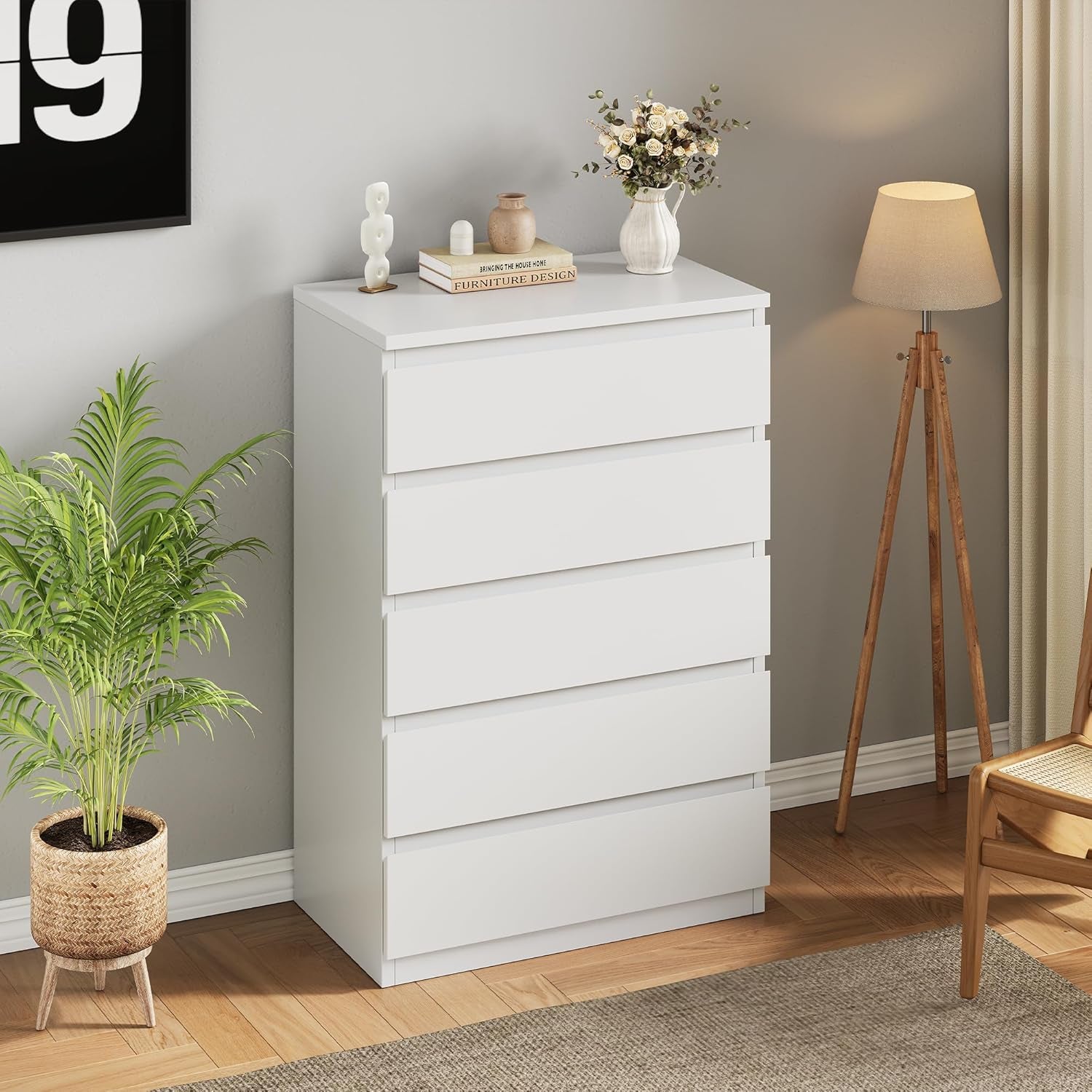 White 5 Drawer Dresser for Bedroom, 15" D X 23.7" W X 40.4" H in Simply Modern Chest of Drawers, Wood Storage Dresser with Deep Drawers for Living Room Hallway Entryway, White