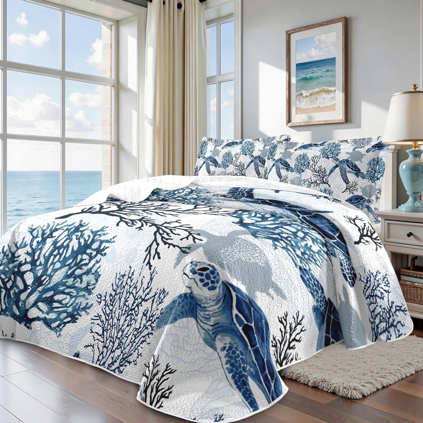Coastal Bedding King Size Coastal Quilt with 2 Shams, Nautical Beach Comforter Sets Ocean Bedspreads Blue Seaturtle Coverlet Summer Bedding, 96''X106''