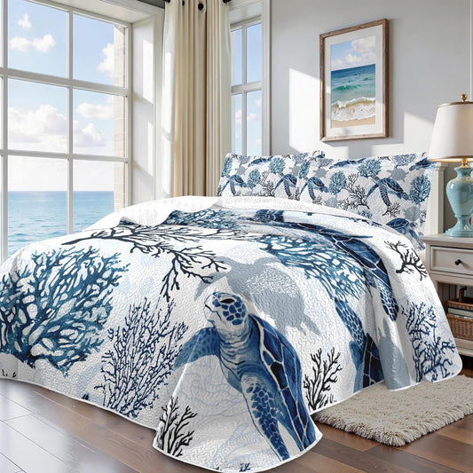 Coastal Bedding King Size Coastal Quilt with 2 Shams, Nautical Beach Comforter Sets Ocean Bedspreads Blue Seaturtle Coverlet Summer Bedding, 96''X106''