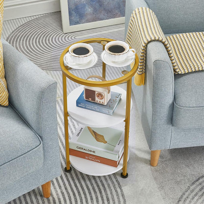 Glass Side Table, Tempered Glass Small round Side Table with 3-Tier Storage Shelves for Small Spaces, Modern Glass round End Table for Living Room, Bedside Table Nightstand for Bedroom (White)