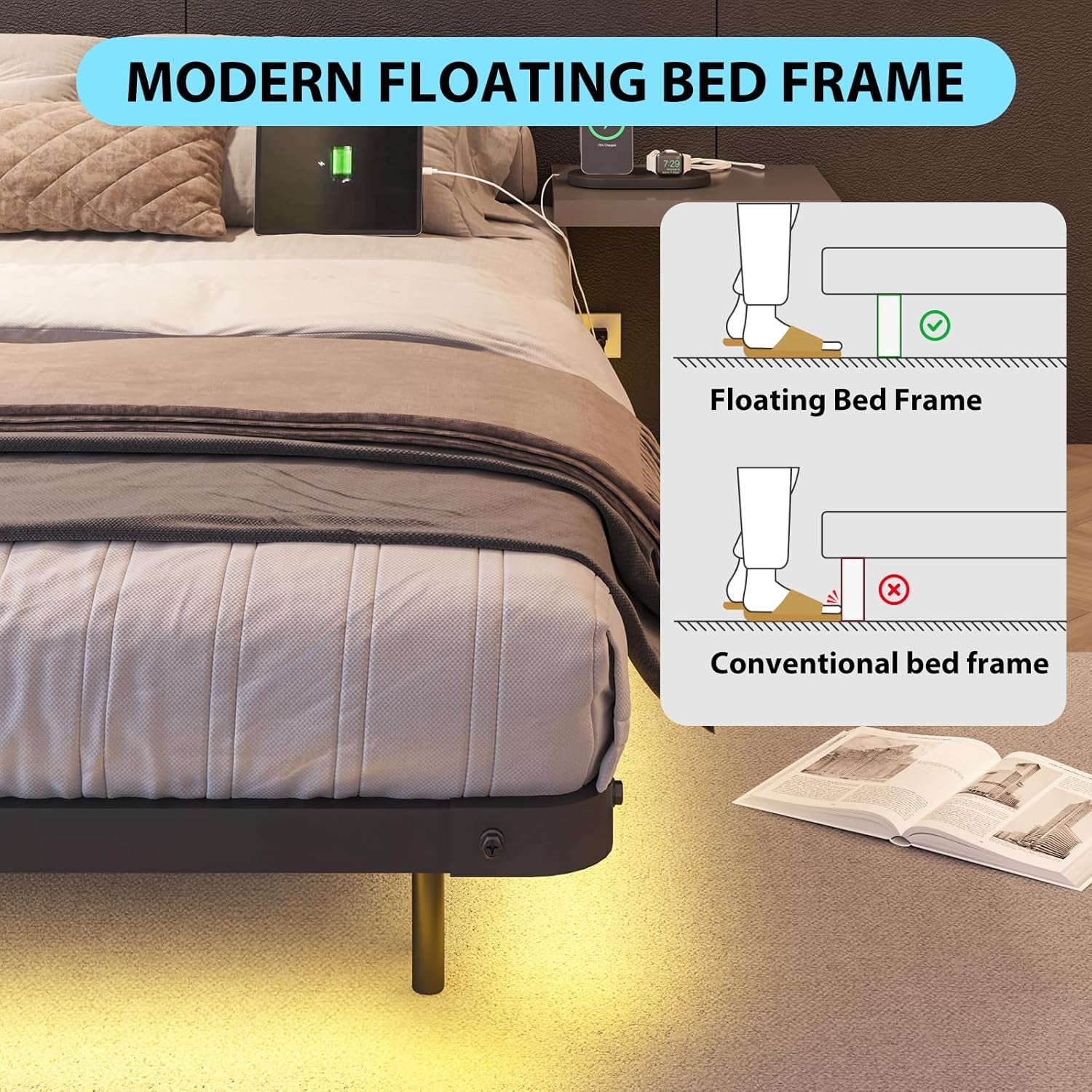 Full Size Floating Bed Frame with Charging Station, Modern Metal Platform Bed Frame with LED Light, Easy Assembly, Black