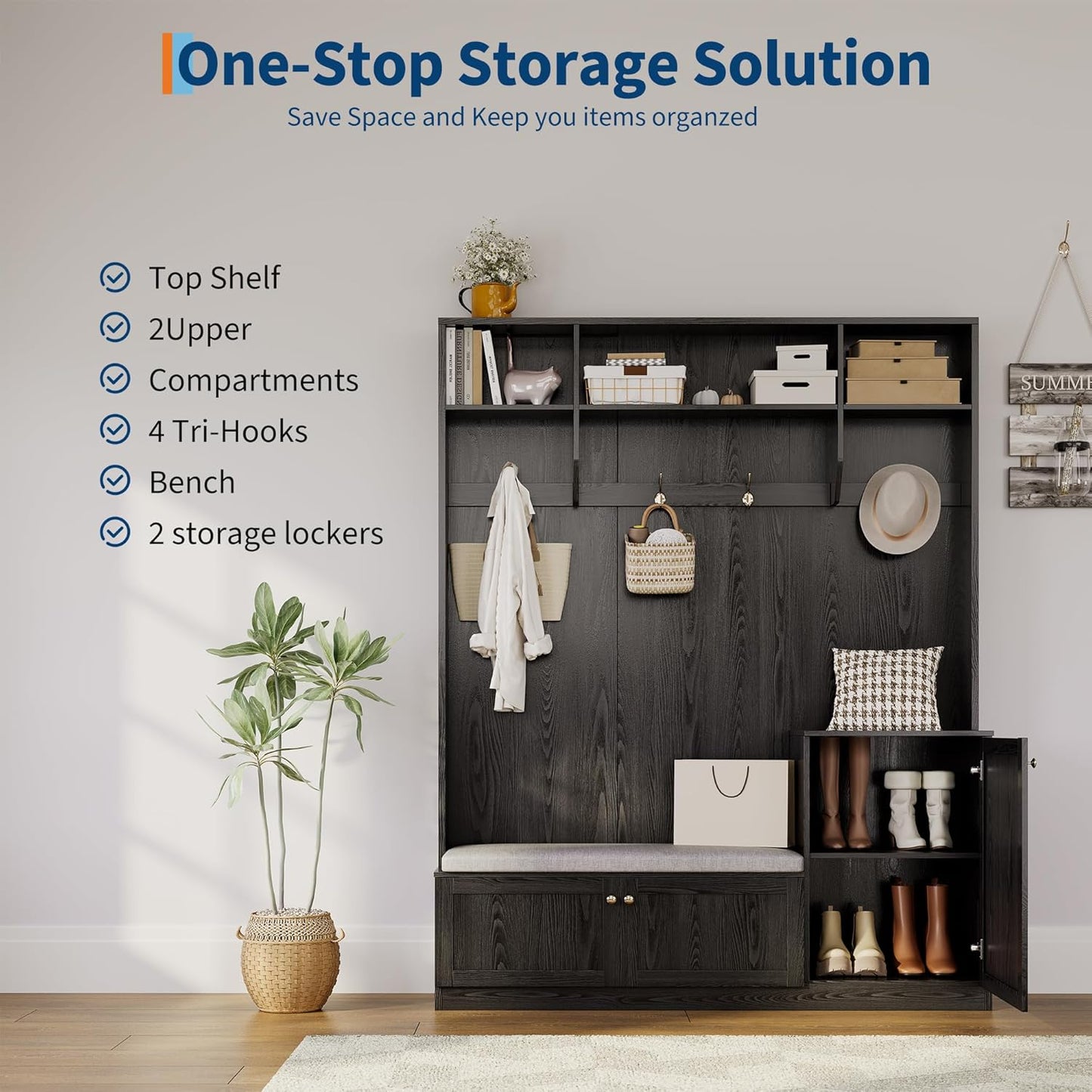 79 in Hall Tree, 5-In-1 Modern Entryway Bench with Coat Rack & Storage, Hall Tree with 4 Hanging Hooks, 3 Open Compartments & Adjustable Shelf, Coat Rack Freestanding for Entryway, Living Room, Black