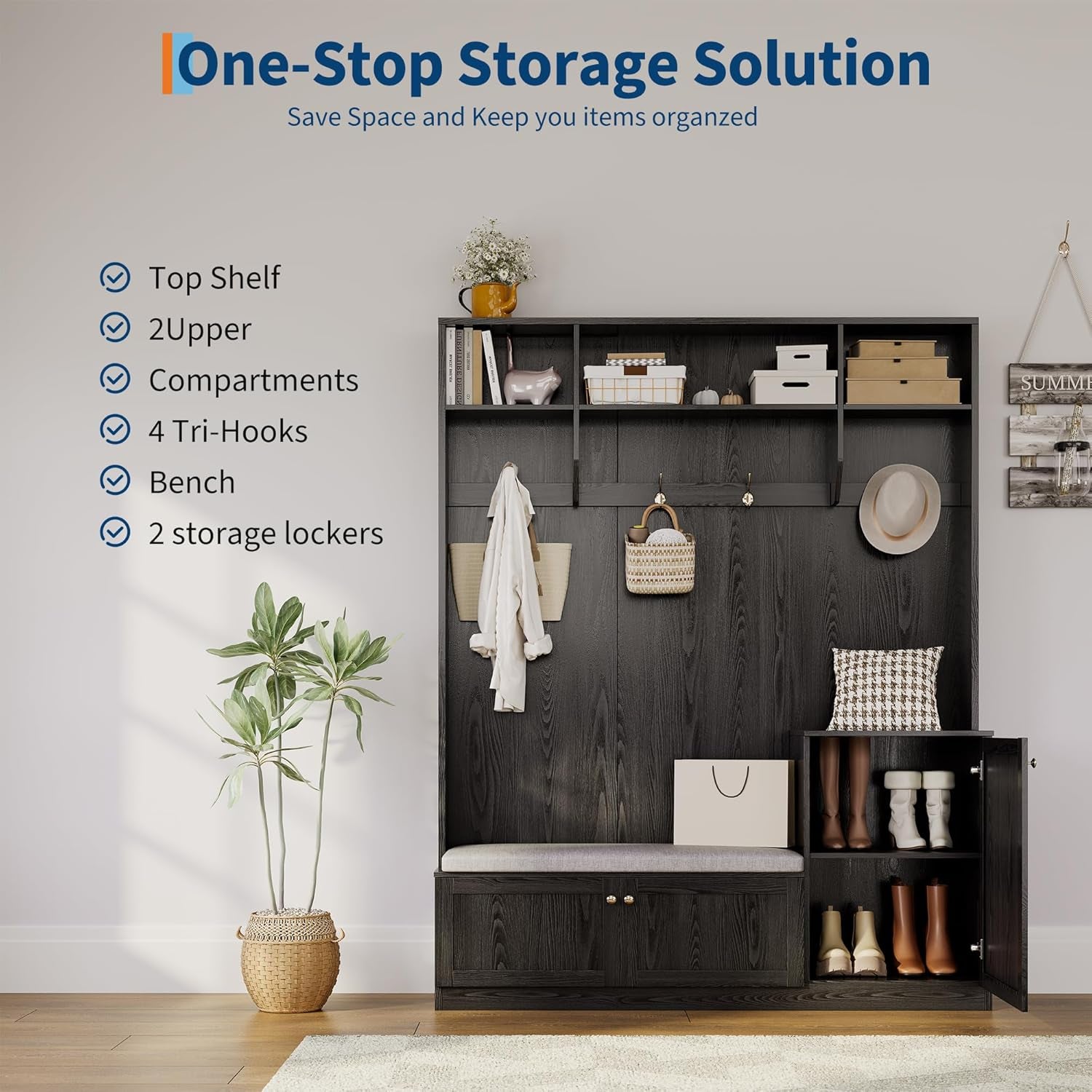 79 in Hall Tree, 5-In-1 Modern Entryway Bench with Coat Rack & Storage, Hall Tree with 4 Hanging Hooks, 3 Open Compartments & Adjustable Shelf, Coat Rack Freestanding for Entryway, Living Room, Black