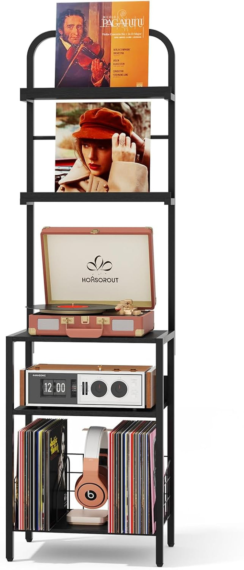 Record Player Stand with Vinyl Storage - 5-Tier Turntable Table with Adjustable Feet, Metal & Wood Cabinet - Console Organizer Display Shelf for Living Room, Apartment