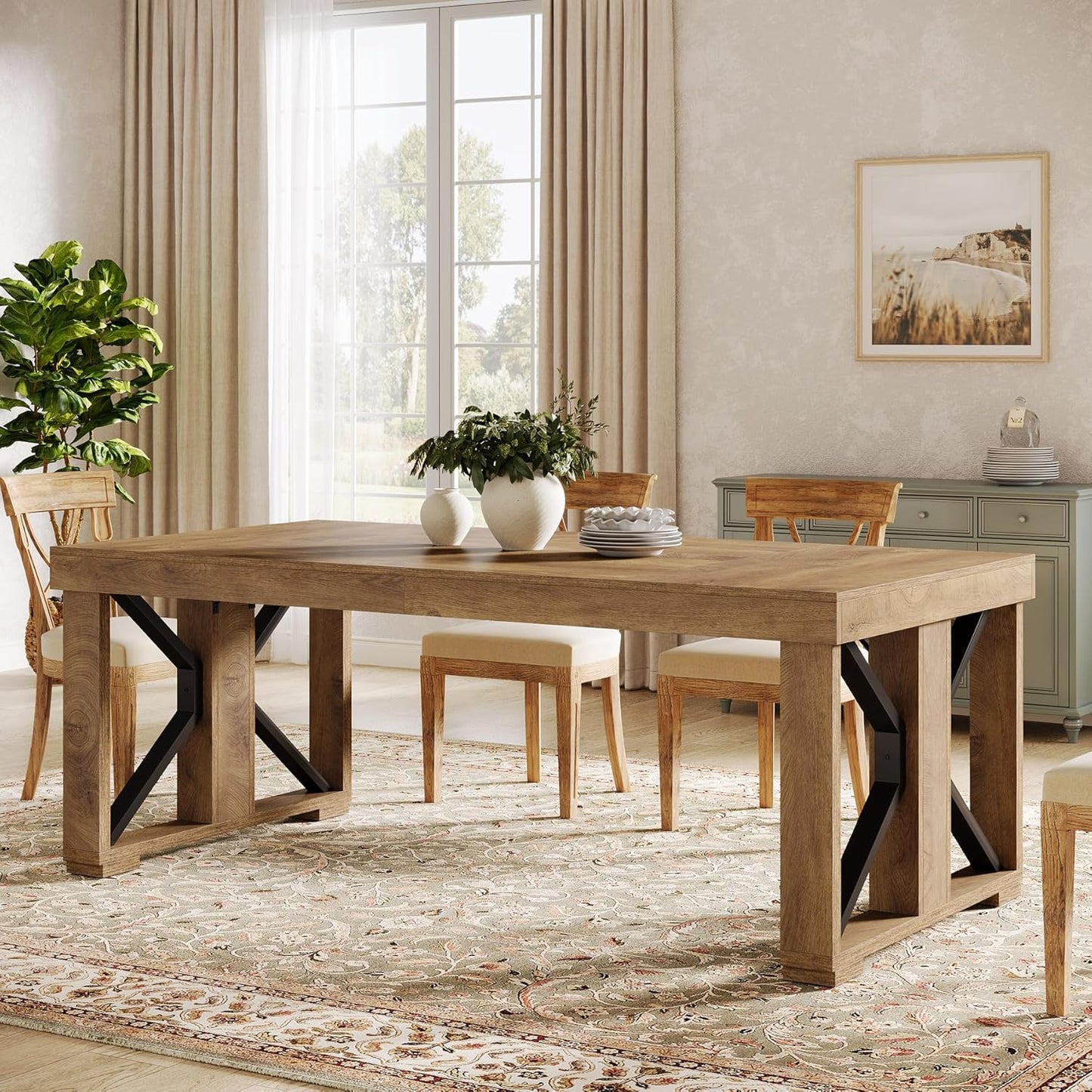 70.87" Rectangular Dining Table for 6-8 People, Farmhouse Wooden Kitchen Dinner Table with Strong Base for Dining Room, Kitchen, Living Room, Brown