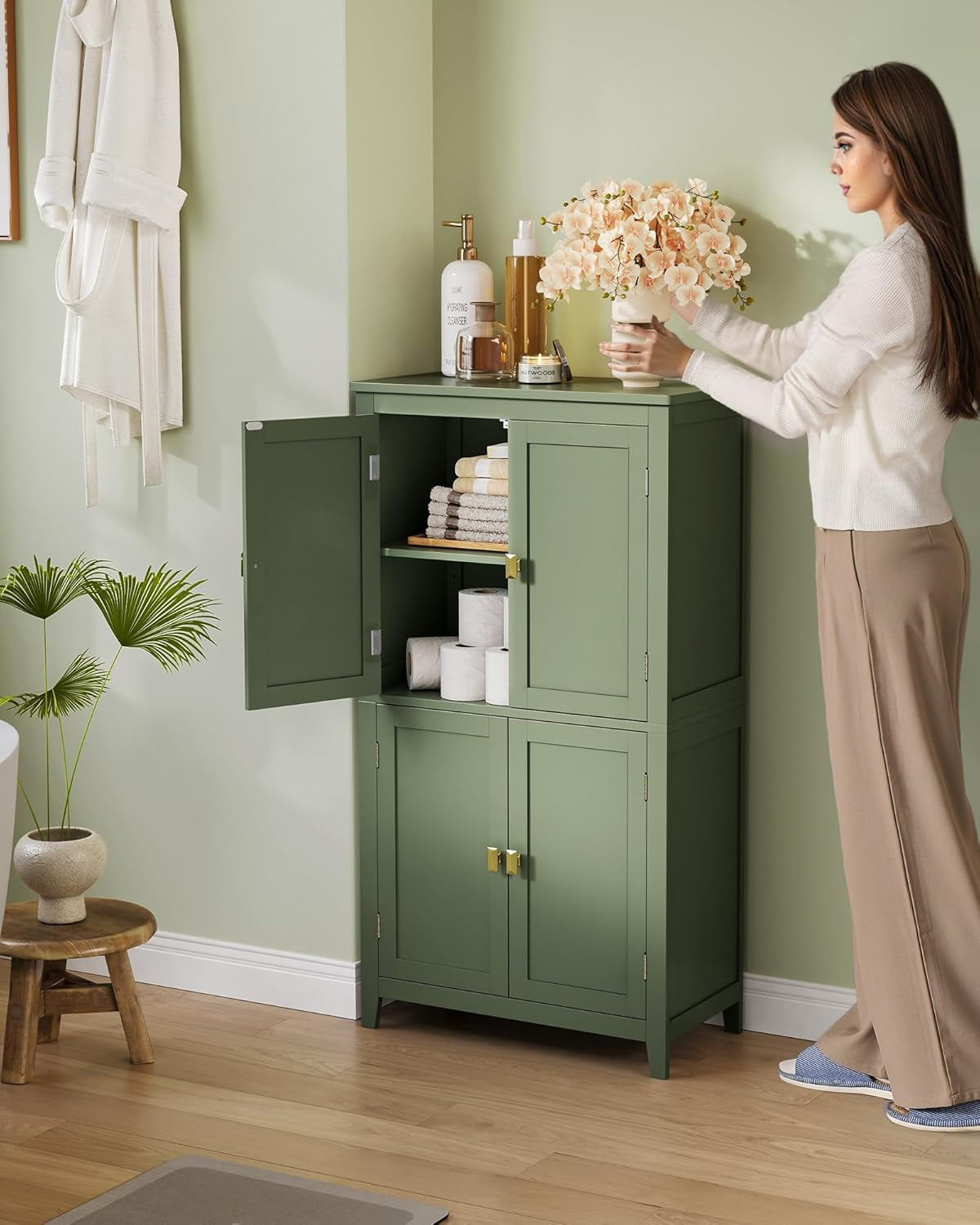 Bathroom Floor Storage Cabinet, Bathroom Storage Unit, Freestanding Cabinet with 4 Doors, Adjustable Shelves, 11.8 X 23.6 X 43.3 Inches, Forest Green UBBC552C01