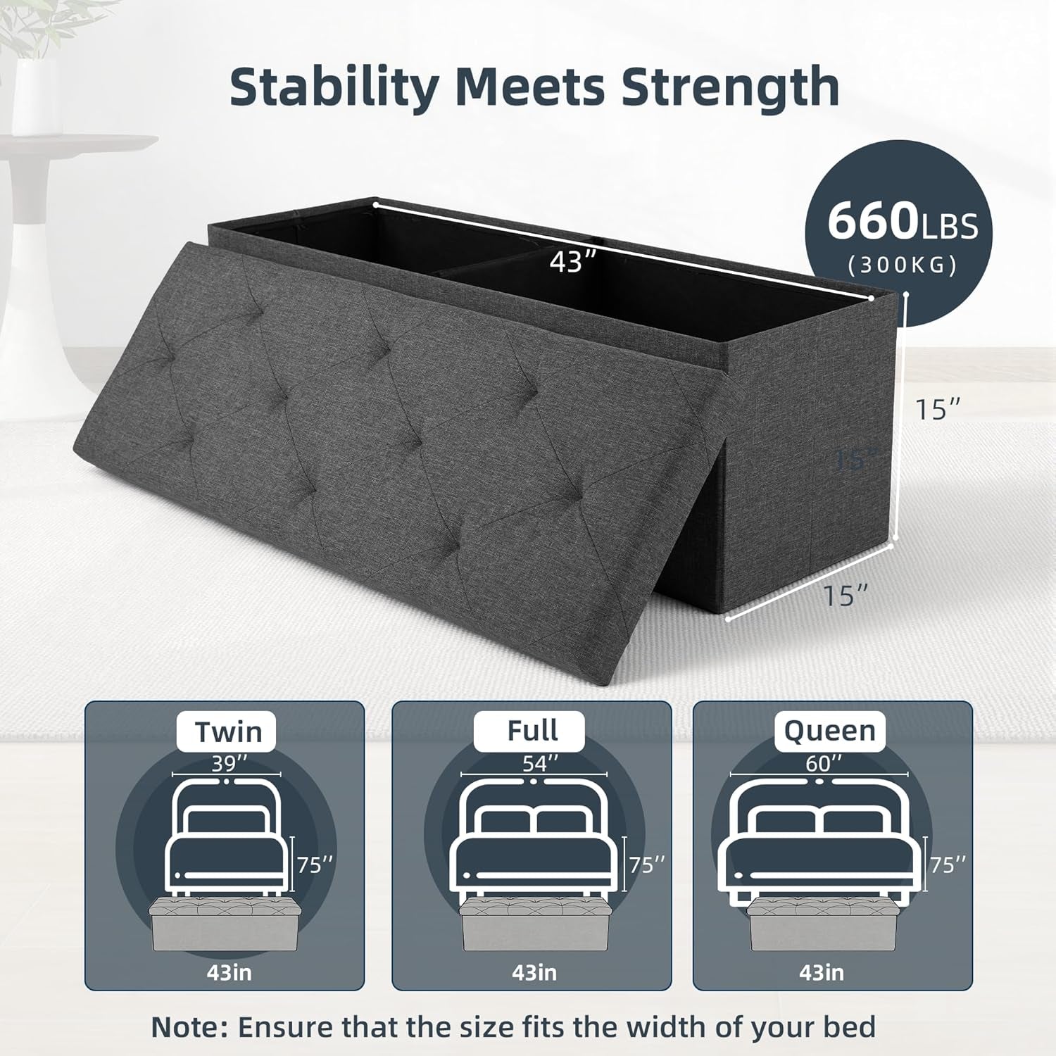 Foldable Storage Ottoman Bench, Storage Chest, End of Bed Foot Rest Stool with Padded Seat, 43 Inch Bedroom Bench for Living Room, Support 660Lbs, Grey