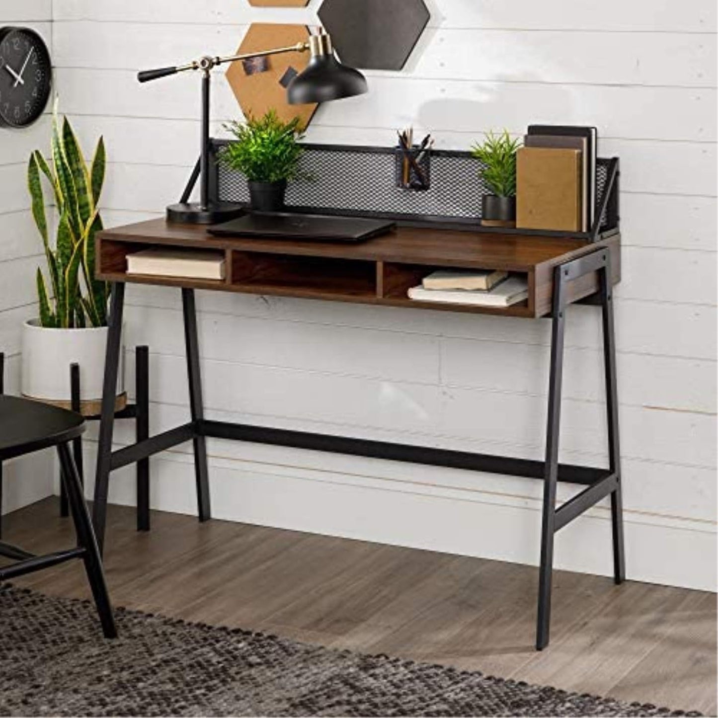 Industrial Mesh Wood Laptop Computer Writing Desk Home Office Workstation Small, 42 Inch, Dark Walnut