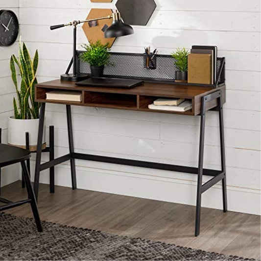 Industrial Mesh Wood Laptop Computer Writing Desk Home Office Workstation Small, 42 Inch, Dark Walnut