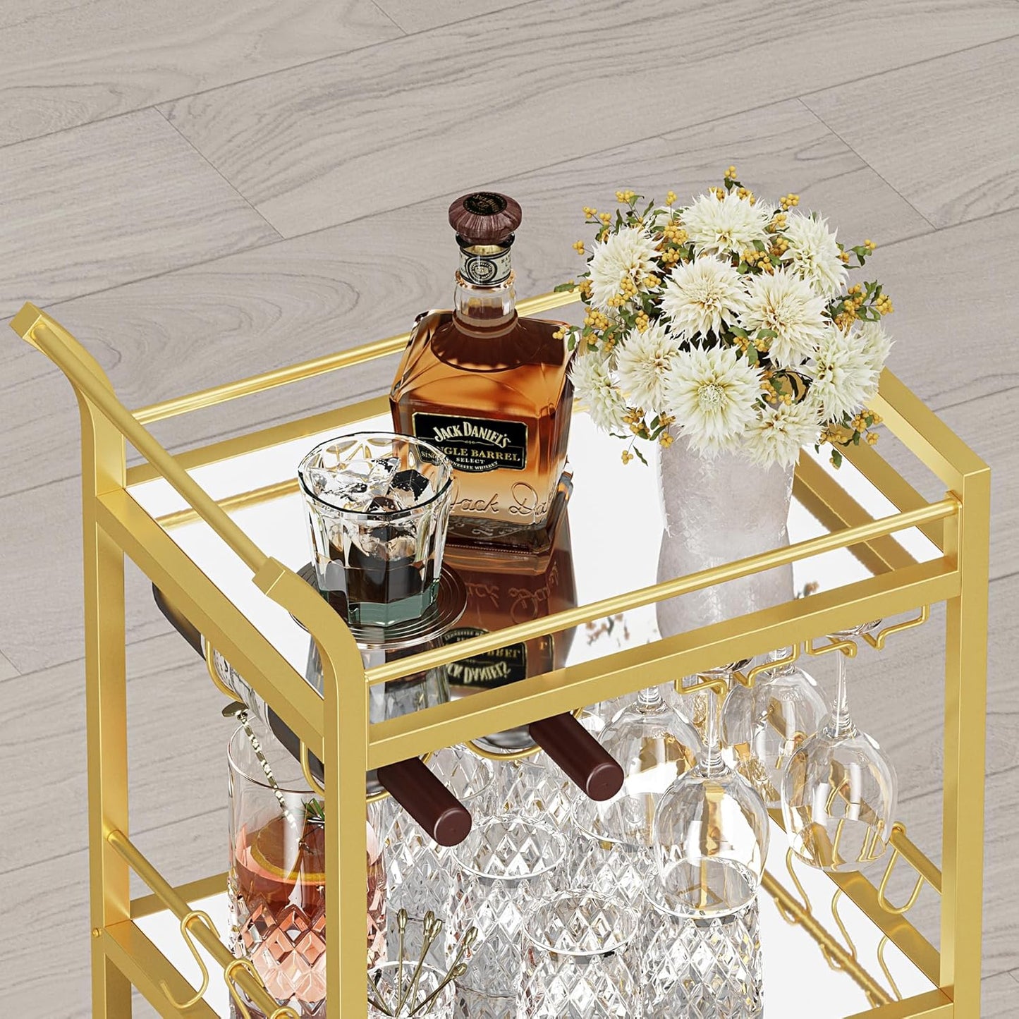 Bar Cart, Home Bar Serving Cart with 3-Tier Mirrored Shelf, Wine Cart, Mobile Kitchen Shelf, Gold BC01BB034